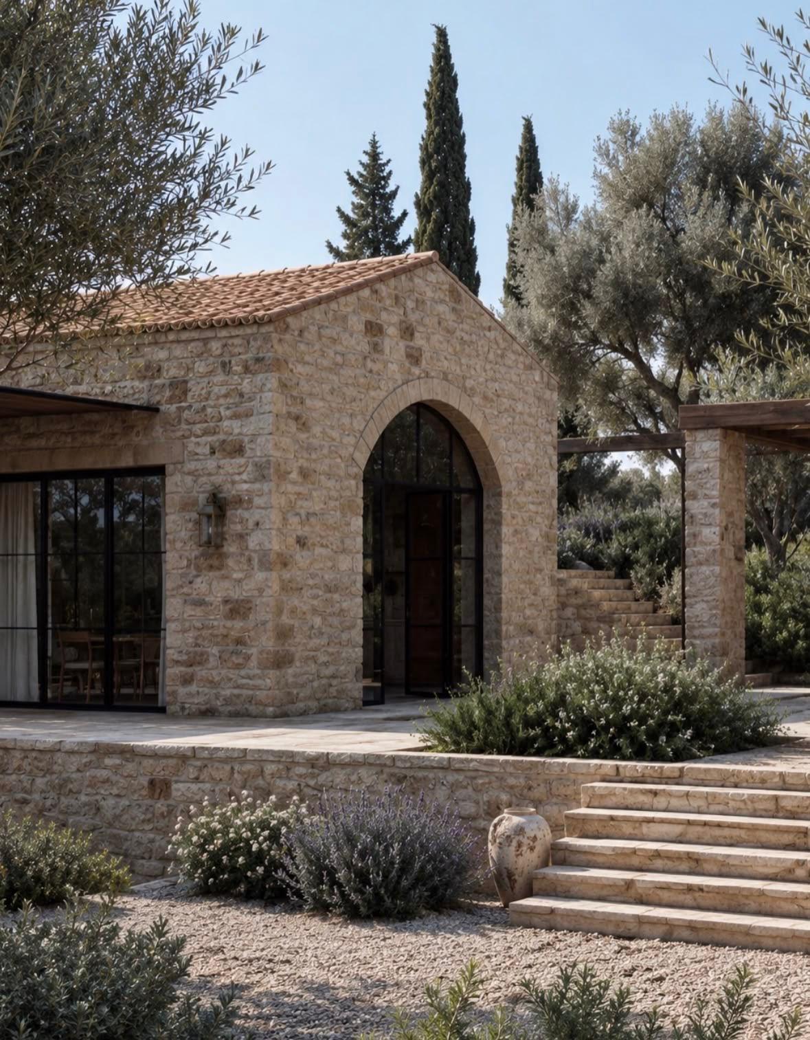 Stone home with an arched doorway, olive trees and a Mediterranean garden
